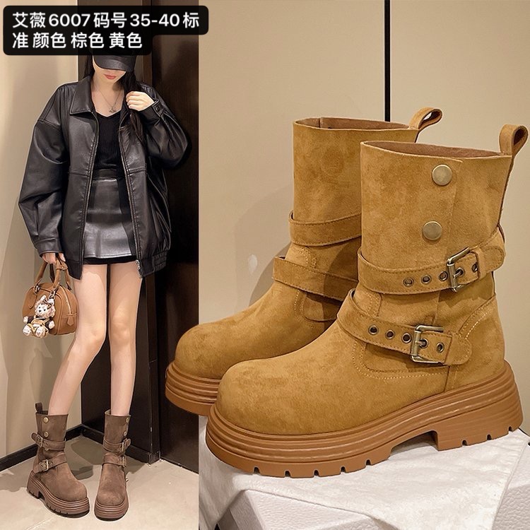 2025新款真皮复古小众潮牌高筒靴女流苏堆堆靴中跟美拉德棕色靴子