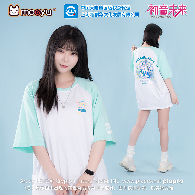 moeyu初音未来镜遇复古与未来插肩短袖T恤miku圆领上衣官方周边