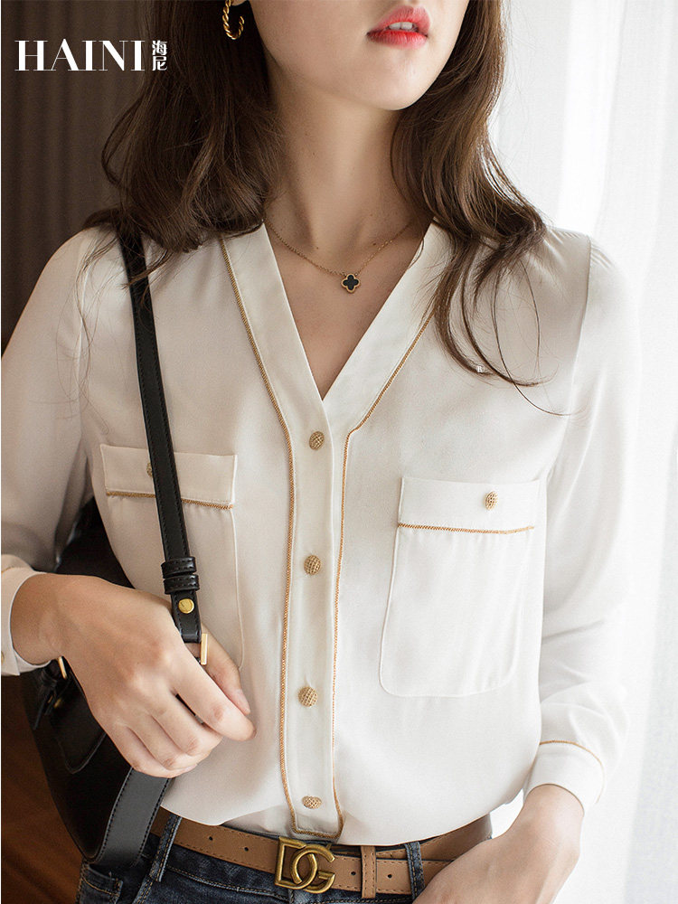 海尼2020秋季新款雪纺衬衫女设计感小众V领长袖职业复古港味衬衣