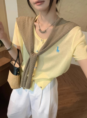 韩系chic黄色针织冰丝披肩短袖T恤女夏季超好看独特漂亮短款上衣