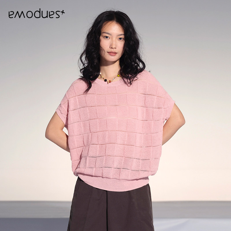 emodues软糯松弛风粉色针织衫女短袖套头百搭毛衣