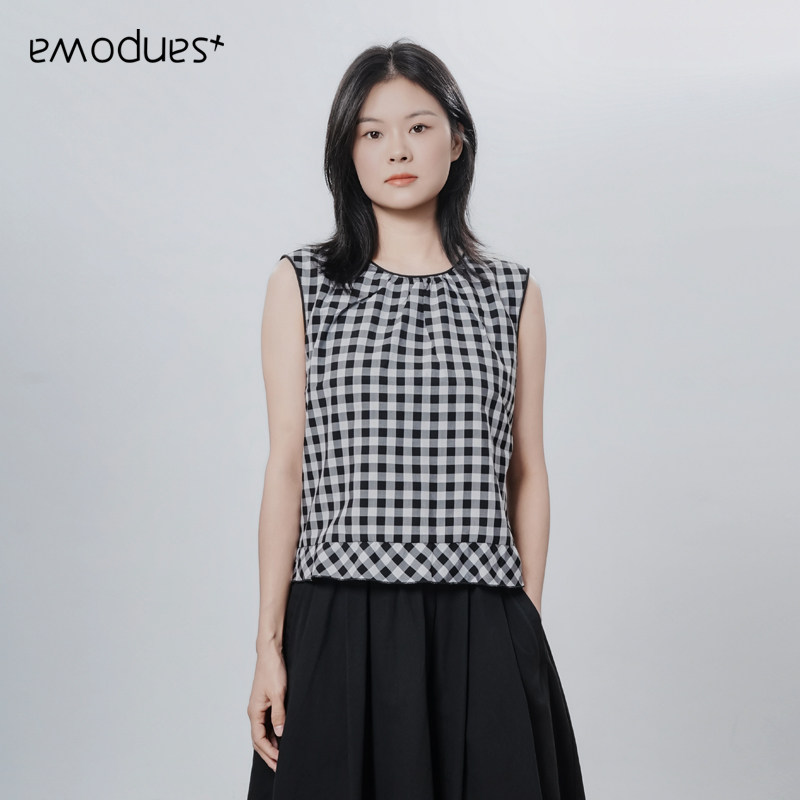 emodues时尚百搭格子背心女无袖荷叶边减龄显瘦上衣黑色