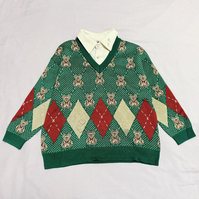 柏惠信子HO男童秋冬百搭学院风套头V领假两件毛衣HC170427011N