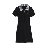 Шахматы, летнее платье с коротким рукавом, приталенная мини-юбка с бантиком, воротник поло, коллекция 2022, с акцентом на бедрах