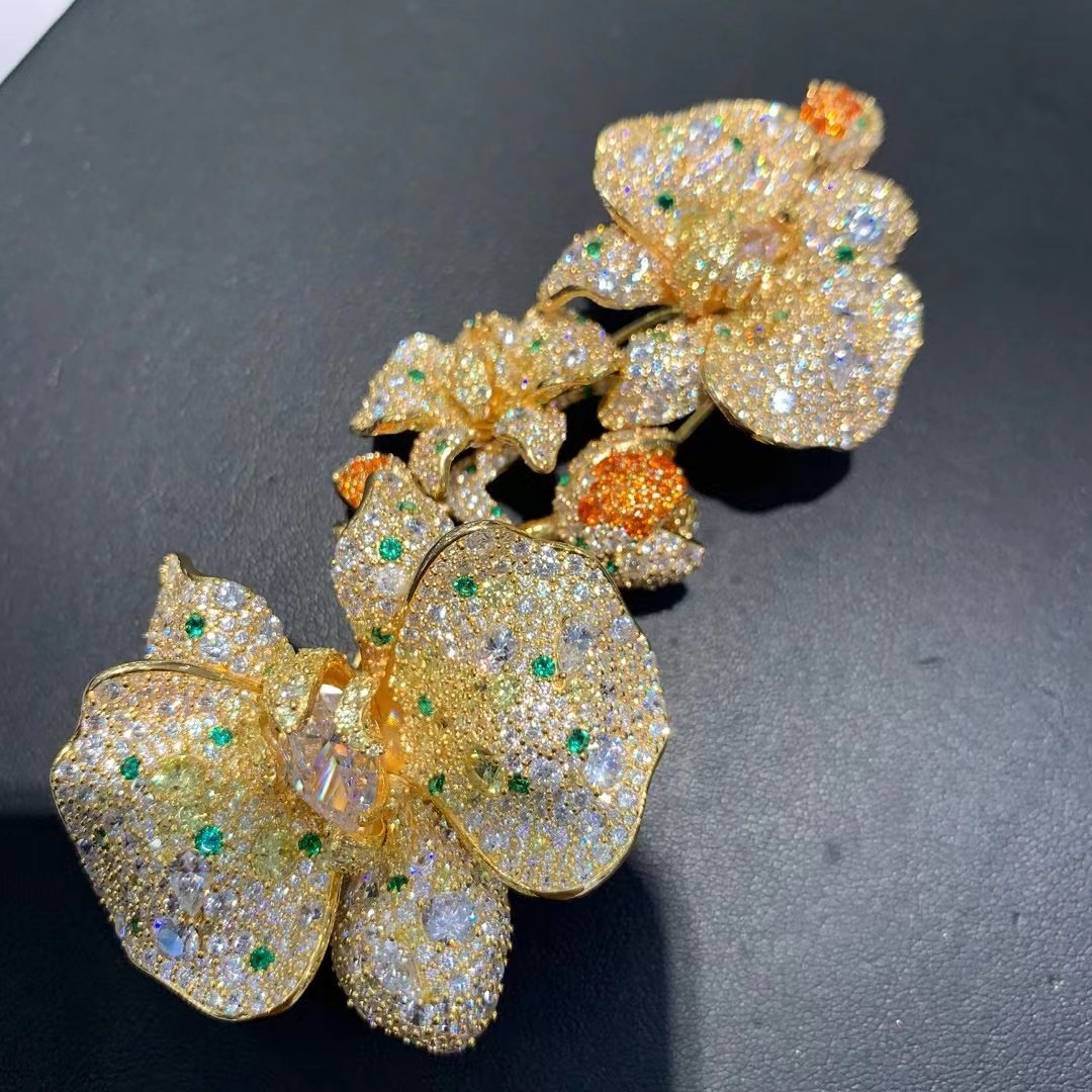 兰花花簇胸针胸花大衣外套别针925纯银精镶锆石气质GNLU