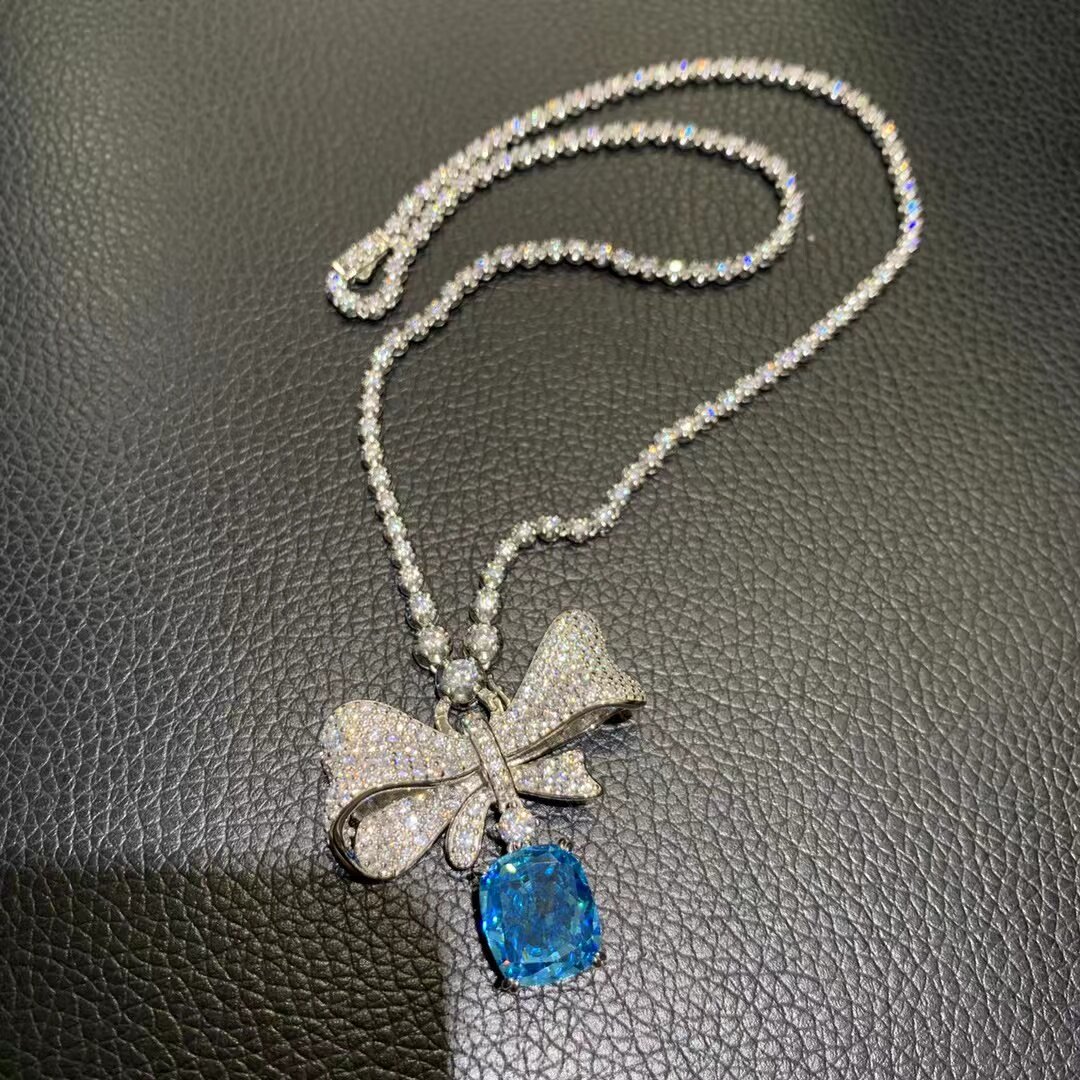 蝴蝶结吊坠项链可拆卸一款多戴925纯银镶锆石高档