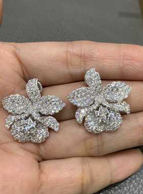 925纯银镶锆石花朵耳钉 25*25MM兰花耳环 俏立