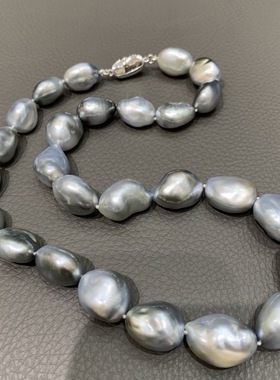 11-14MM 天然铂金灰大溪地珍珠项链大颗粒异形 guild证书经典俏立