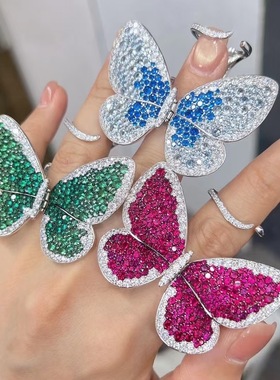 俏立蝴蝶戒指纯银多色入