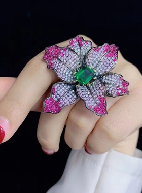 大花朵鸡尾酒会戒指925纯银镶锆石渐变色高档可调节圈号