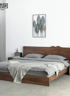 原创靠山床 新中式北欧纯实木床黑胡桃榻榻米床橡木1.8米双人床