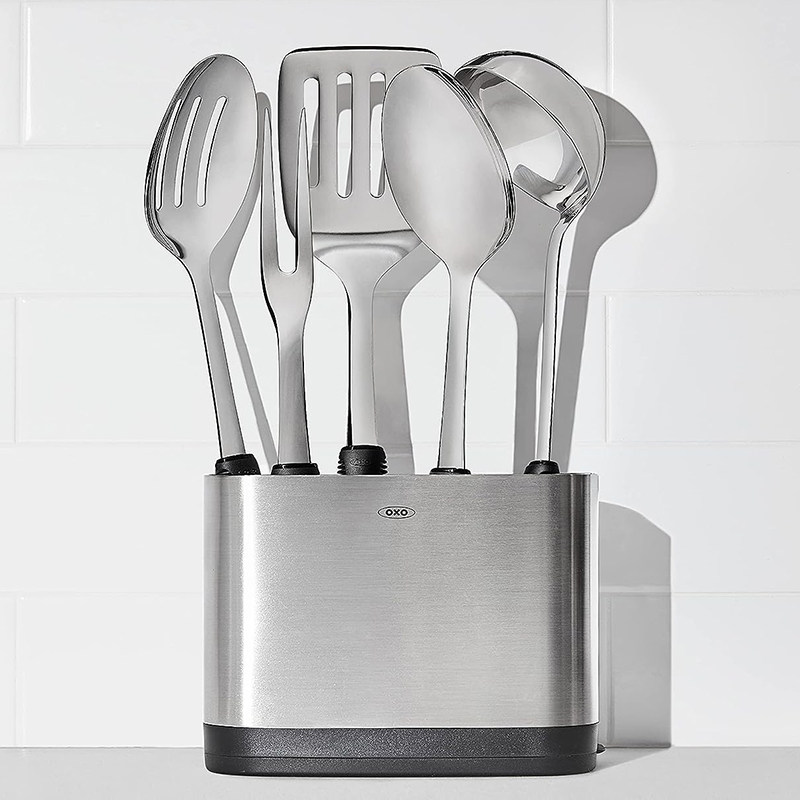 美国OXO新品 高品质不锈钢烹饪工具6件套 餐具收纳盒勺铲叉套装