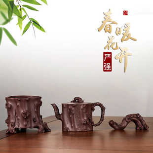 宜兴紫砂名家严强全手工制春暖花开套组原矿老紫泥功夫茶具泡茶壶