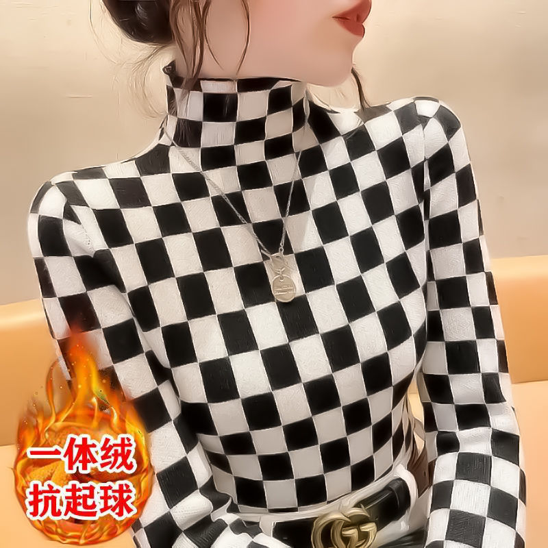 一体加绒半高领打底衫女秋冬洋气新款黑白格长袖修身百搭保暖上衣