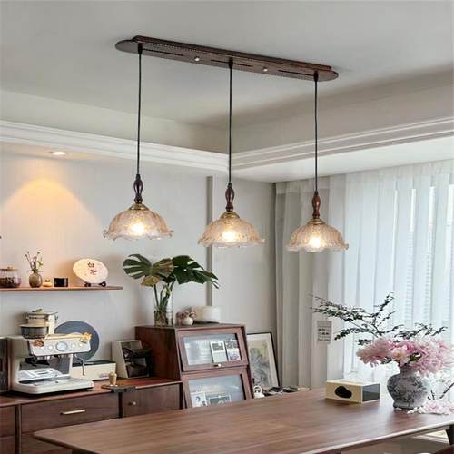 侘寂风中古冰裂纹餐厅吊灯美式复古可调节位移长条白蜡木吧台灯具