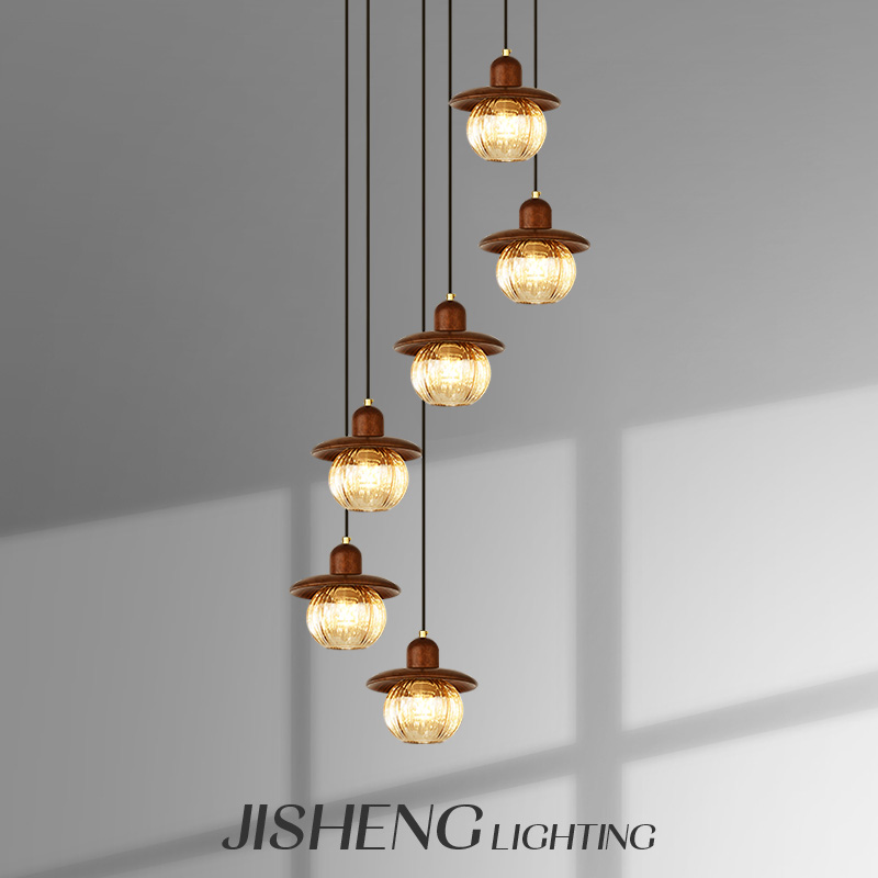 楼梯吊灯法式中古风复式别墅客厅挑空loft公寓旋转南瓜玻璃长吊灯