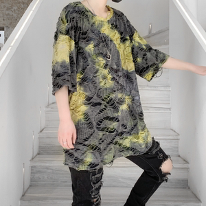 2025夏季破洞镂空短袖t恤男宽松潮流圆领半袖上衣舞台装 T632 P75图片