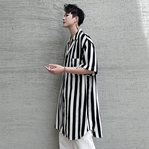 夏季短袖衬衫男条纹潮流宽松帅气冰丝垂感发型师潮搭衬衣C233P65图片