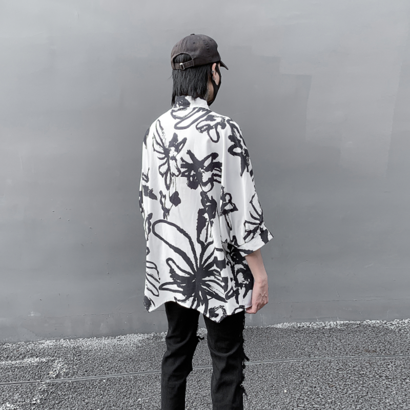 夏季男士休闲短袖衬衫潮流水墨印花宽松大码衬衣外套C252P85,男装T恤,星座101A-3
