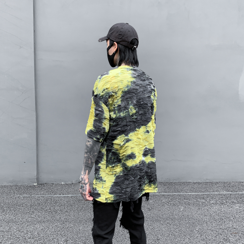 夏季暗黑宽松圆领破洞短袖T恤潮牌痞帅青春流行半袖T632P75,男装T恤,星座101A-3