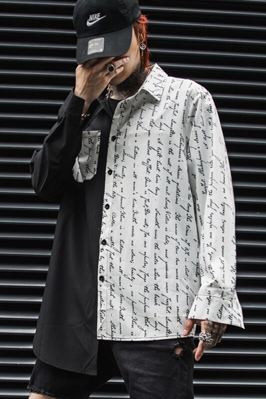 2025春夏男中长款长袖字母印花衬衫棉嘻哈潮发型师服装C59P75,男装衬衫,星座101A-3
