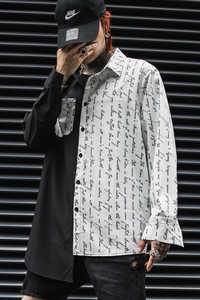 2025春夏男中长款长袖字母印花衬衫棉嘻哈潮发型师服装 C59 P75图片