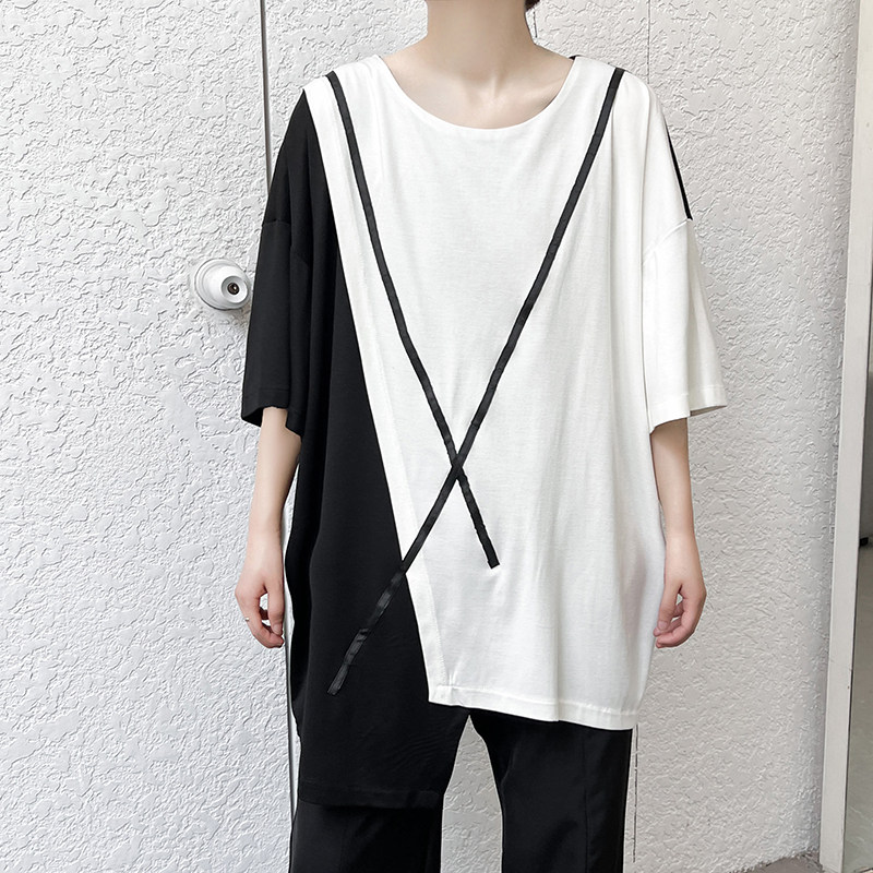 夏季男士短袖黑白拼色时尚潮流宽松圆领T恤潮牌 T689 P75图片