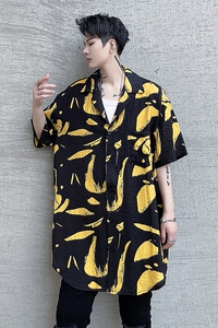 春夏季短袖衬衫男印花炸街潮流宽松青春发型师潮搭衬衣 C235 P65图片