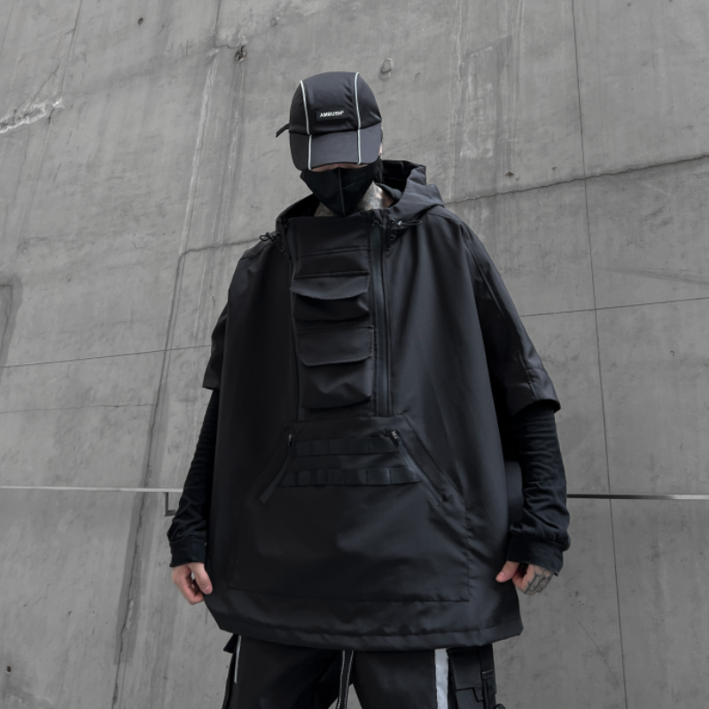 秋冬男暗黑夹克机能风宽松七分袖工装潮牌斗篷连帽外套W350P165,男装夹克,星座101A-3