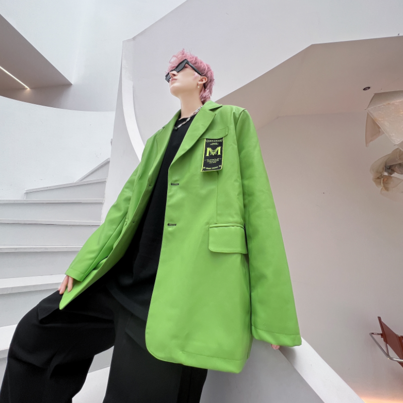 秋冬小西装男士宽松潮流ins荧光绿休闲PU皮西服外套XF19P125,男装西服套装,星座101A-3