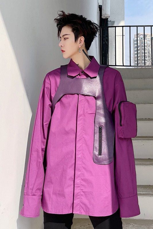 2025春夏紫色长袖衬衫男潮流炸街帅气工装衬衣送皮马甲C230P115,男装衬衫,星座101A-3