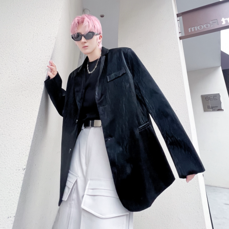 秋冬小西装纯色外套男高级感潮流ins宽松裂纹皮西服上衣 XF20P125图片