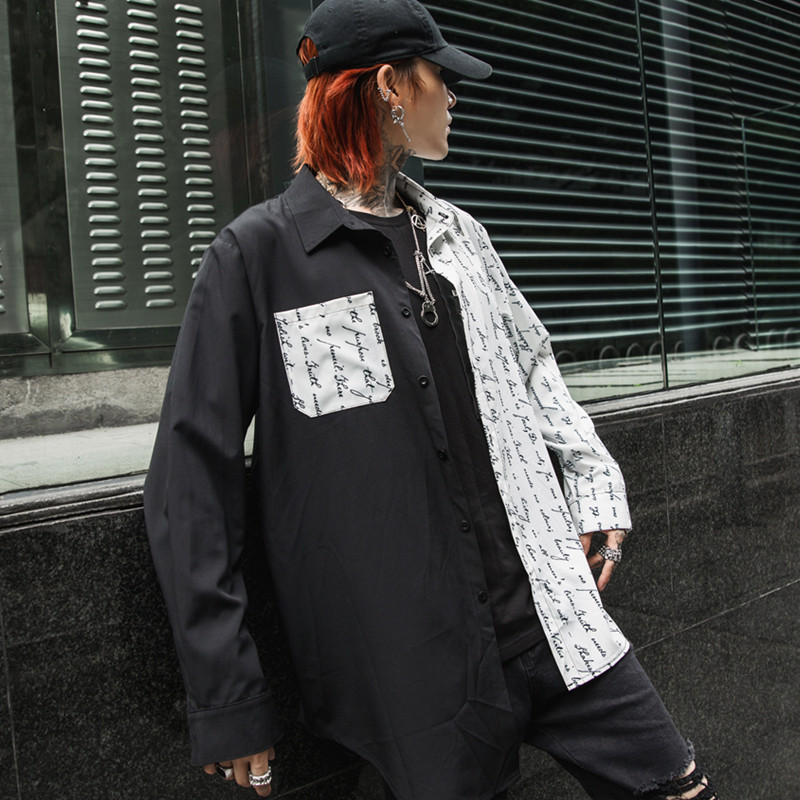 2025春夏男中长款长袖字母印花衬衫棉嘻哈潮发型师服装C59P75,男装衬衫,星座101A-3