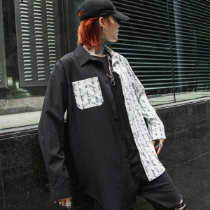 2025春夏男中长款长袖字母印花衬衫棉嘻哈潮发型师服装 C59 P75图片