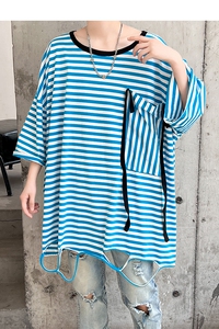 夏季男士条纹T恤宽松休闲潮流圆领七分袖上衣 T675 P75图片