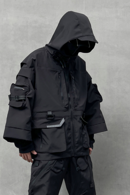 秋冬男暗黑纯色夹克机能风宽松工装潮牌连帽七分袖外套W370P185,男装夹克,星座101A-3