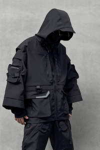 秋冬男暗黑纯色夹克机能风宽松工装潮牌连帽七分袖外套 W370 P185图片