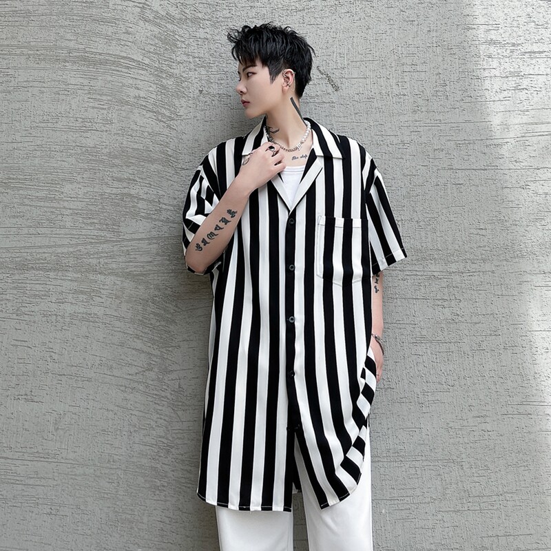 夏季短袖衬衫男条纹潮流宽松帅气冰丝垂感发型师潮搭衬衣C233P65,男装T恤,星座101A-3