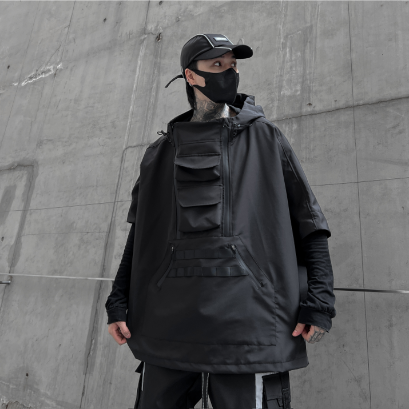 秋冬男暗黑夹克机能风宽松七分袖工装潮牌斗篷连帽外套W350P165,男装夹克,星座101A-3