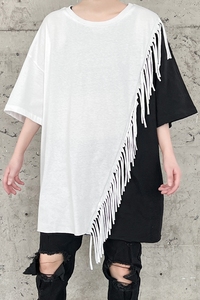 夏季男士短袖T恤流苏黑白拼色宽松圆领半袖上衣潮牌 T683 P75图片