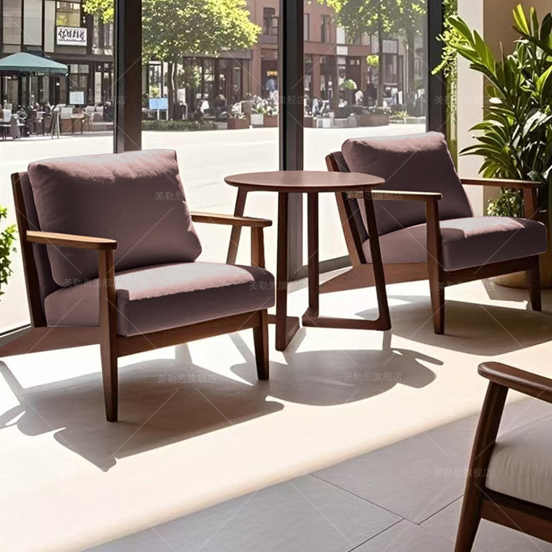 现代简约实木家用单人沙发椅阳台原木风客厅懒人休闲一桌两椅组合