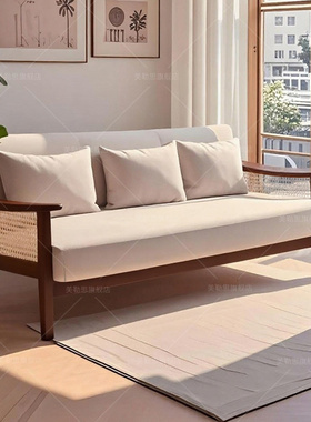 【藤编实木】布艺小户型沙发原木风客厅双三人位直排休闲简约民宿