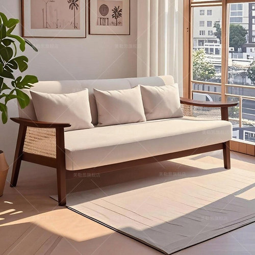 藤编实木布艺沙发双三人位