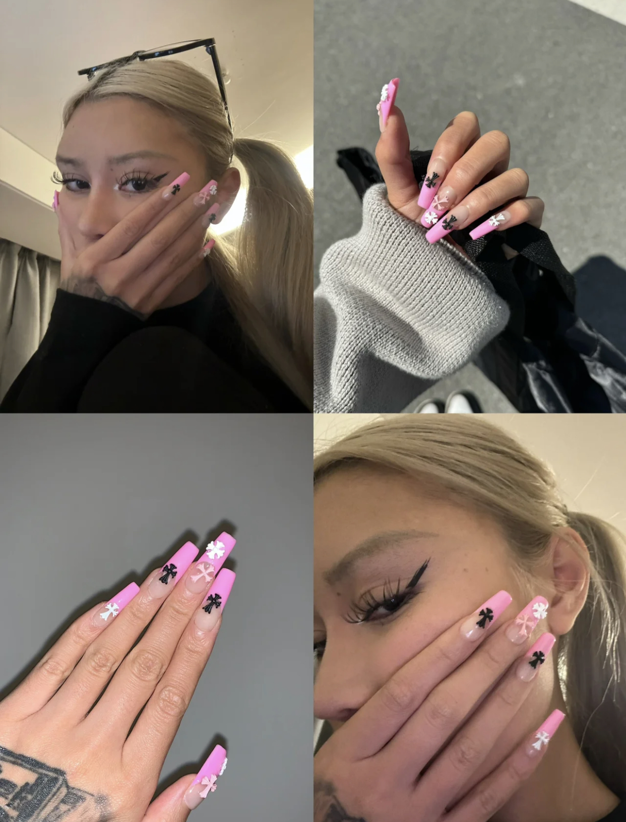 BOBBINAILS欧美芭比粉法式黑白粉十字架立体可拆卸穿戴甲成品