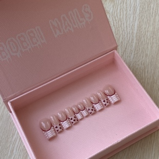 BOBBINAILS欧美粉色法式爱心立体鳄鱼纹水晶粉高级甜美穿戴甲