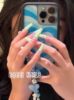 BOBBINAILS 手绘法式绿色格子爱心星星蝴蝶欧美INS可拆卸穿戴甲
