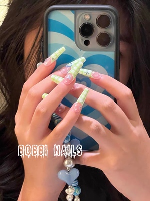BOBBINAILS 手绘法式绿色格子爱心星星蝴蝶欧美INS可拆卸穿戴甲