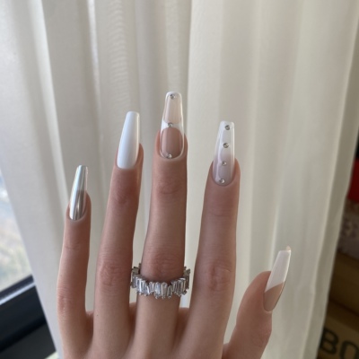 BOBBINAILS欧美手绘鸳鸯法式魔镜天蓝色可拆卸穿戴甲成品