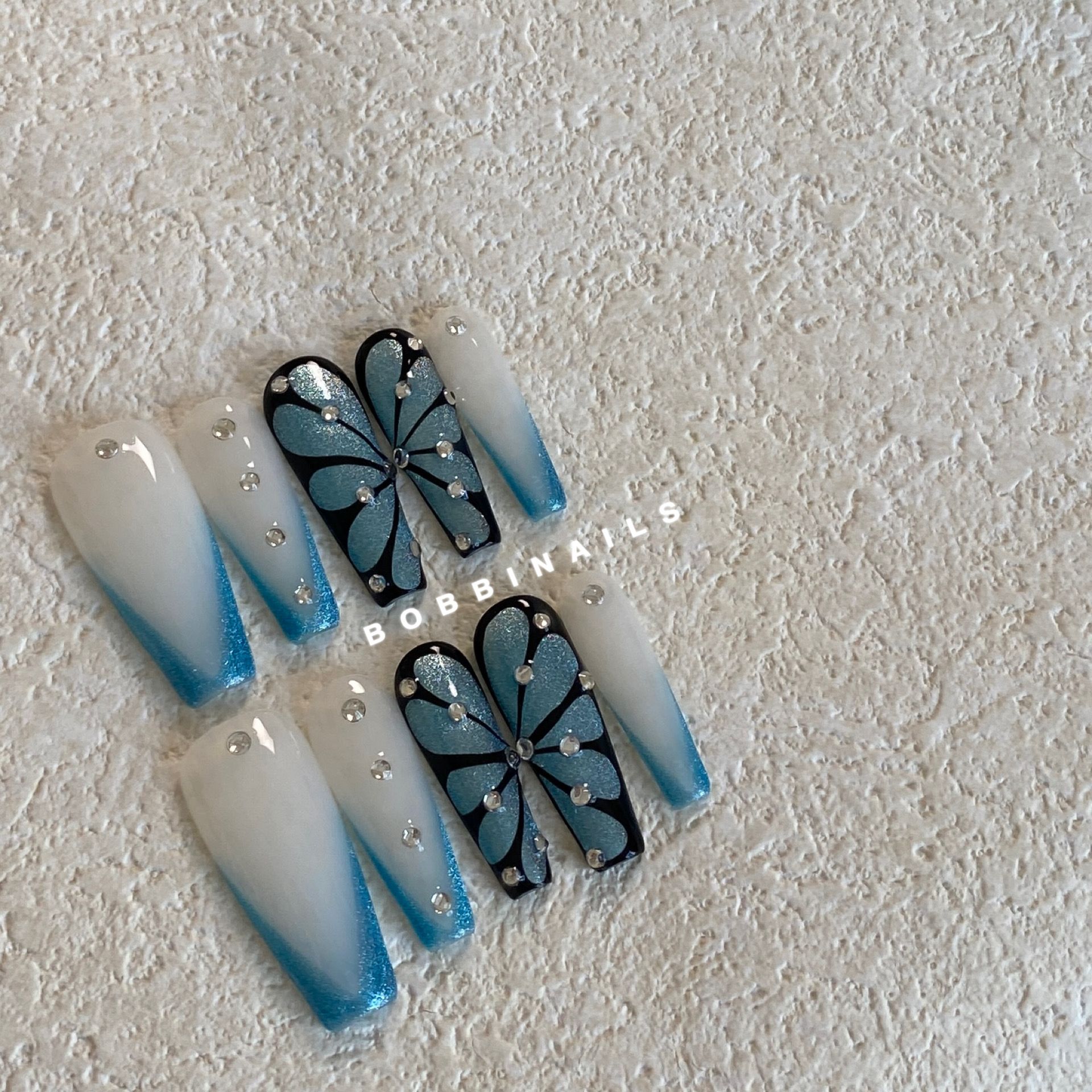 BOBBINAILS欧美手工制作蓝色猫眼手绘蝴蝶可拆卸穿戴甲成品