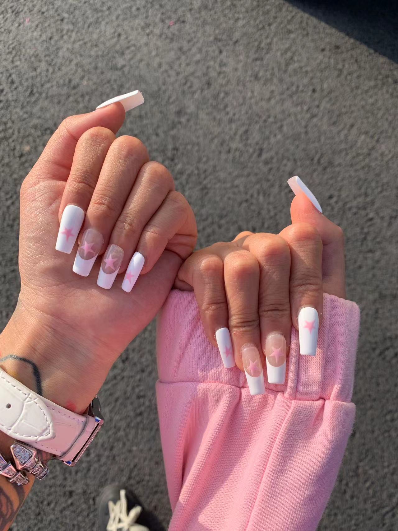 BOBBINAILS欧美粉色星星法式手绘可拆卸穿戴甲成品y2k可爱